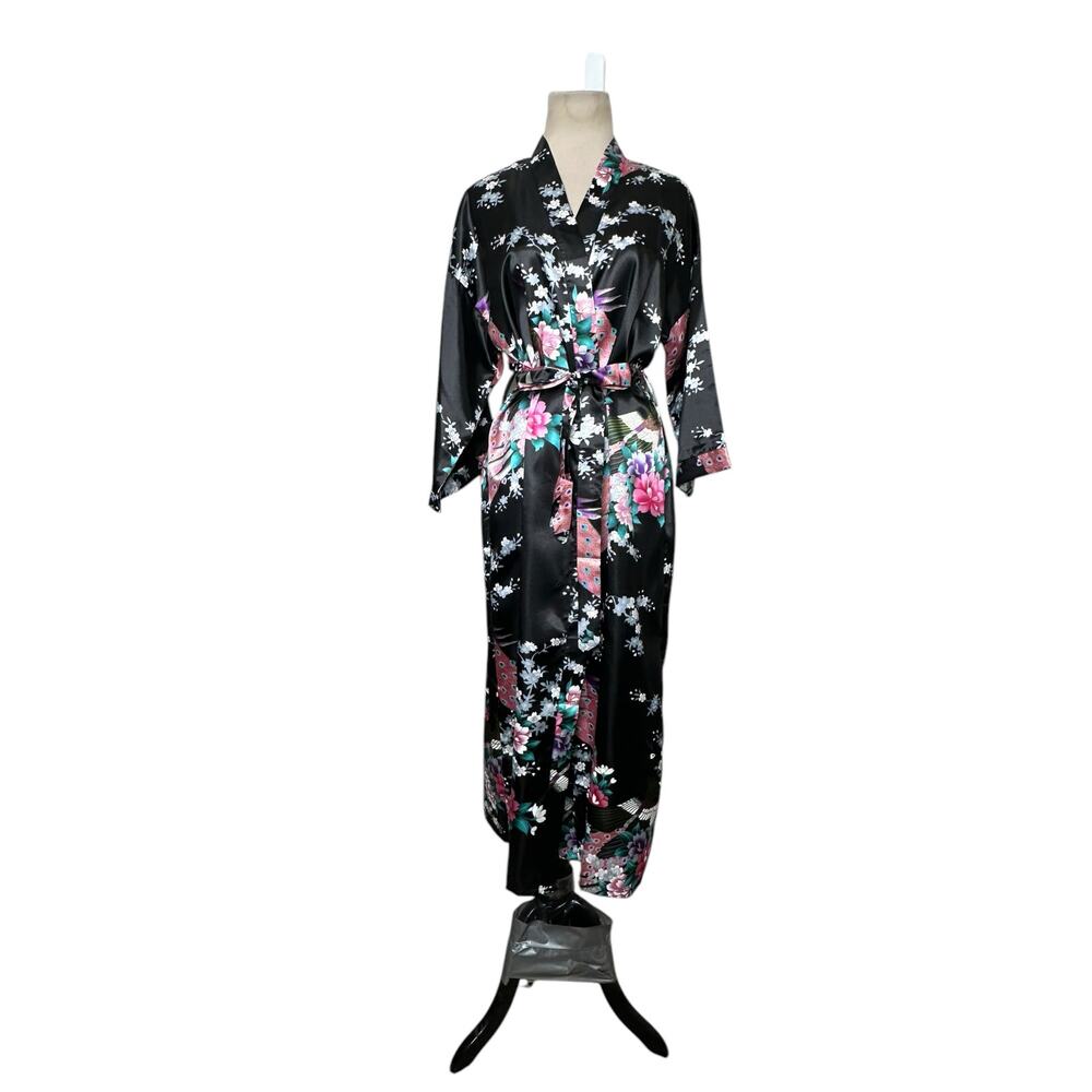 Black peacock print satin floral short sleeves kimono robe size small